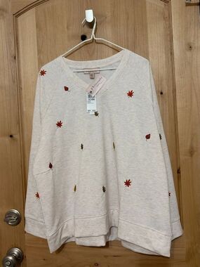 Philosophy Cream Embroidered Fall Leaves V-Neck Sweater Autumn Pullover NWT